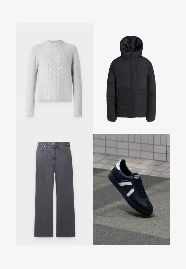 Sort foret vinterjakke med hætte, frontlynlås, lynlås på brystlomme og to lynlåslommer i siderne på ensfarvet baggrund.; Lysegrå strikket sweater med kabelstrikmønster på brystet, rund hals, lange ærmer og ribbede manchetter og bund. Glat tekstur, minimal branding.; Mørkegrå denimjeans med lige ben og højtaljet talje, med frontknap, lynlås og fem-lomme design mod hvid baggrund.; Sort lædersneaker med hvide striber, tekstureret gummisål og snørrebånd foran. Har et brandet mærke på tungen.