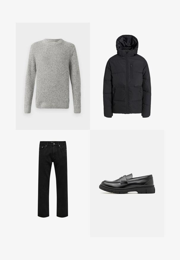 Sort foret vinterjakke med hætte, frontlynlås, lynlås på brystlomme og to lynlåslommer i siderne på ensfarvet baggrund.; Grå strikket sweater med lange ærmer, rund halsudskæring og ribbede manchetter og kant. Teksturen er tyk og struktureret, velegnet til køligere vejr.; Sorte denimjeans med lige ben, klassisk fem-lomme design og knaplukning ved taljen, vist fladt på en hvid baggrund.; Sort læder loafersko med en bred rem over forfoden, gummisål med tykke mønstre og glat overflade. Klassisk, slankt design.