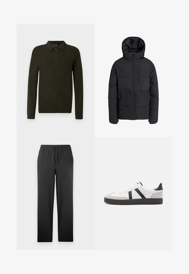 Veste d'hiver matelassée noire avec capuche, fermeture éclair frontale, fermeture éclair sur la poche poitrine et deux poches latérales zippées sur fond uni.; Polo en maille verte à manches longues avec une finition texturée, patte de boutonnage à deux boutons et poignets côtelés. Design simple et classique adapté à une tenue décontractée.; Pantalons noirs à taille élastique avec cordon de serrage. Fabriqués en tissu doux, ils ont une coupe droite et une texture minimale. Aucun poche visible.; Baskets blanches avec des accents noirs et gris, présentant un embout texturé gris, une semelle en caoutchouc noir et des lacets plats blancs. Design épuré, style minimaliste.