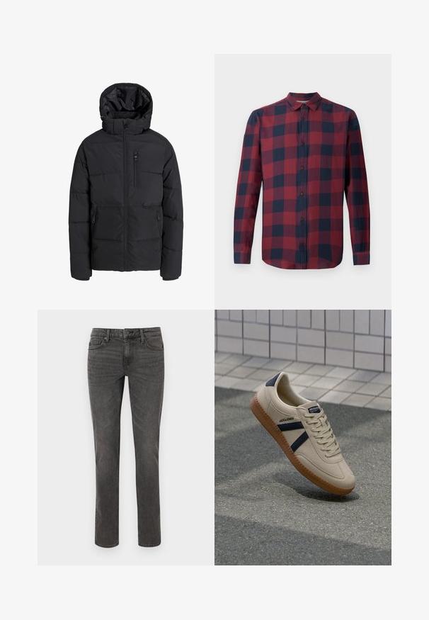 Veste d'hiver matelassée noire avec capuche, fermeture éclair frontale, fermeture éclair sur la poche poitrine et deux poches latérales zippées sur fond uni.; Chemise à manches longues à carreaux rouge et marine avec un col boutonné et des boutons foncés. Fabriquée en tissu léger avec une texture lisse.; Jeans en denim gris avec une coupe droite, des détails de couture, cinq poches et un bouton métallique de fermeture à la taille.; Baskets beiges avec une finition texturée, bandes navy et semelle en caoutchouc. Équipées d'une languette rembourrée et d'un système de laçage traditionnel pour un maintien sécurisé.