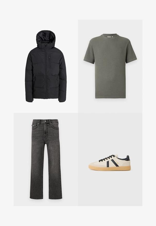 Sort foret vinterjakke med hætte, frontlynlås, lynlås på brystlomme og to lynlåslommer i siderne på ensfarvet baggrund.; Kortærmet olivengrøn T-shirt i struktureret strik med rund hals og lige kant, liggende fladt på en hvid baggrund.; Sorte jeans med lige ben og falmede detaljer, med front- og møntlommer, knap- og lynlås-lukning, præsenteret på en hvid baggrund.; Casual sneakers i creme med sorte striber, med en tekstureret overdel og sål i gummigummi. Snørebåndene er sorte. Diskret logo på siden.