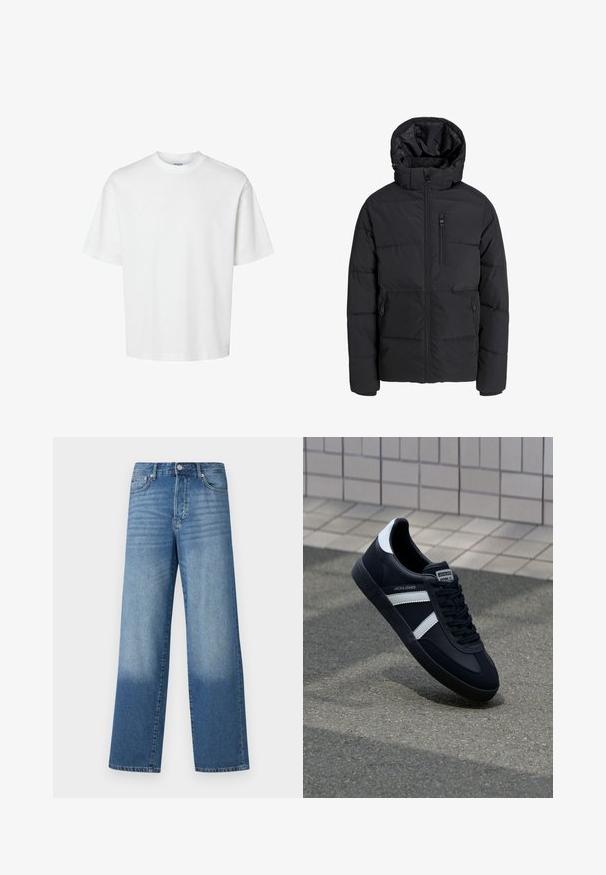 Zwarte gewatteerde winterjas met capuchon, rits aan de voorkant, borstzak met rits en twee zijzakken met ritssluiting op effen achtergrond.; Effen witte korte mouw T-shirt met ronde hals en een losse pasvorm, getoond op een witte achtergrond.; Blauwe high-waisted straight-leg jeans met vervagingen op de dijen en donkerdere schaduwen nabij de zoom, met zichtbare knoop en zakken aan de voorkant.; Zwarte leren sneaker met witte strepen, een gestructureerde rubberen zool en vetersluiting aan de voorkant. Voorzien van een merklabel op de tong.