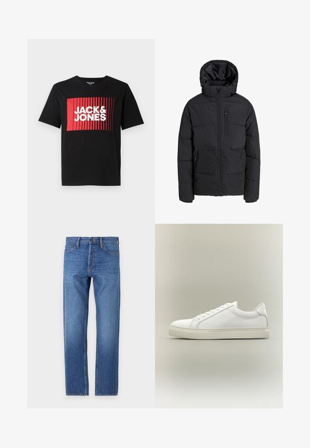 Sort foret vinterjakke med hætte, frontlynlås, lynlås på brystlomme og to lynlåslommer i siderne på ensfarvet baggrund.; Sort t-shirt med korte ærmer, der har et rødt rektangulært grafisk design med lodrette linjer og teksten "JACK & JONES" i hvid.; Blå denim jeans med lige ben, klassisk fem-lomme design, kobbersting og en falmet vask for et slidte look.; Hvid lavtop sneaker med snørebånd foran og tyk sål, vist fra siden mod en neutral baggrund.