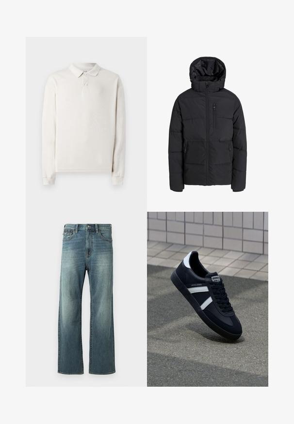 Chaqueta de invierno acolchada negra con capucha, cremallera frontal, cremallera en el bolsillo del pecho y dos bolsillos laterales con cremallera sobre fondo liso.; Polo de manga larga en blanco roto, hecho de un tejido suave. Presenta un cuello clásico, tres botones y puños acanalados. Textura suave.; Jeans de mezclilla azul claro con corte recto, un ligero desvanecimiento, cinco bolsillos y presillas para cinturón. Presenta detalles de costura y un cierre de botón.; Zapatilla de cuero negra con rayas blancas, suela de goma texturizada y parte frontal con cordones. Cuenta con una etiqueta de marca en la lengüeta.