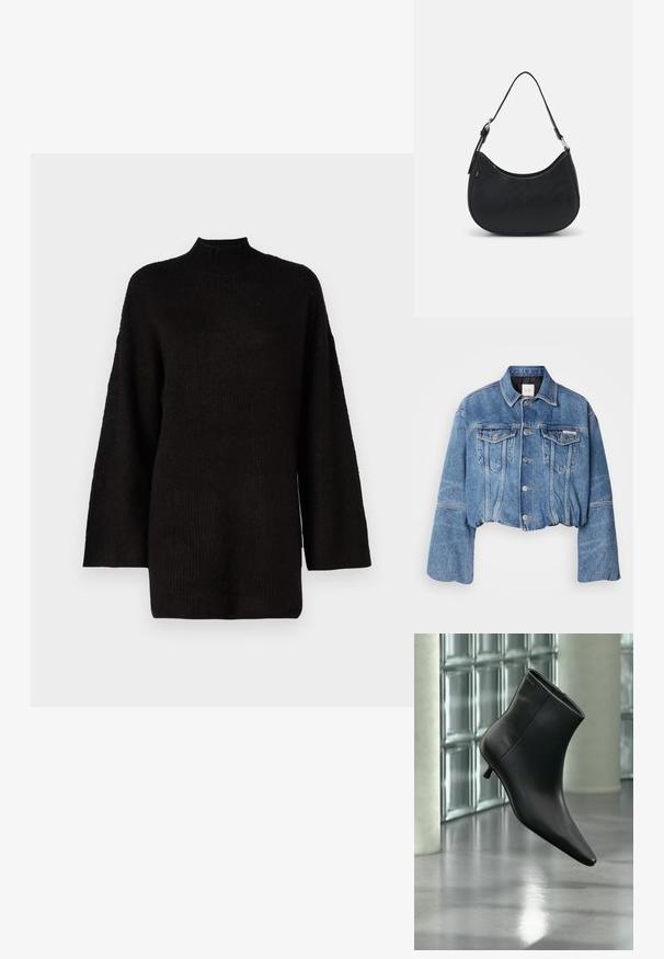 Kort denimjakke i medium blå med to forlommer, sølvfarvede knapper og en klassisk krave. Har en let afslappet pasform og blød tekstur.; Sort oversized striktrøje med høj hals og lange ærmer, der har en struktureret stof for ekstra visuel interesse.; Sort læderankelstøvle med spids tå og lav kitten-hæ, vist vinklet mod en poleret gulv- og glasblokvæg.; Sort hobo taske lavet af glat læder med en buet silhuet, der har en enkelt justerbar skulderrem og minimalistiske designdetaljer.