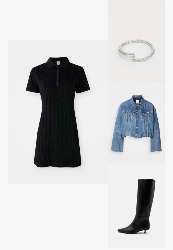 Chaqueta vaquera corta en azul medio con dos bolsillos delanteros, botones plateados y cuello clásico. Presenta un ajuste ligeramente holgado y una textura suave.; Vestido polo negro de manga corta, con un cuello y un patrón texturizado de diamantes y círculos. Cierre de botones en el cuello.; Bota alta de cuero negro hasta la rodilla con puntera puntiaguda y tacón bajo tipo kitten sobre un fondo claro y liso.; Calvin Klein SPIRAL - Pulsera - silver-coloured