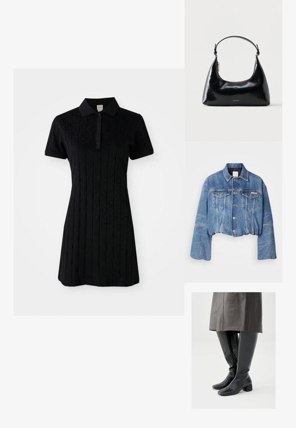 Kurz geschnittene Jeansjacke in mittlerem Blau mit zwei Vordertaschen, silbernen Knöpfen und klassischem Kragen. Verfügt über eine leicht lockere Passform und eine weiche Textur.; Schwarzes Polokleid mit kurzen Ärmeln, ausgestattet mit einem Kragen und einem strukturierten Muster aus Rauten und Kreisen. Knopfschluss am Hals.; Kniehohe schwarze Lederstiefel mit quadratischer Zehenpartie, schrägem Blockabsatz und seitlichem Reißverschluss; glatte Textur und körperbetontes Design.; Schwarze, glänzende Calvin Klein Handtasche mit goldfarbenem Reißverschluss und kurzem Trageriemen vor schlichtem weißem Hintergrund.