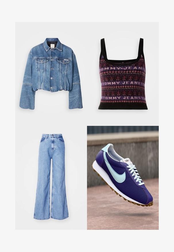 Kesytetty farkkutakki keskisinisenä, jossa kaksi etutaskua, hopeiset napit ja klassinen kaulus. Takissa on hieman väljempi istuvuus ja pehmeä pinta.; Virkattu hihaton crop-top tumman violetissa, jossa on geometrisia kuvioita vaaleammissa sävyissä ja 'TOMMY JEANS' -tekstiä koko ajan.; Vaaleansiniset leveälahkeiset farkut, joissa on korkea vyötärö, etutaskut ja ommellut saumat. Kangas on hieman tekstuurista, mikä on tyypillistä farkuille.; Violetti Nike-tossu, jossa on vaaleansininen swoosh, valkoiset nauhat ja kumipohja, leijumassa betonipinnoitteen yllä ulkona.