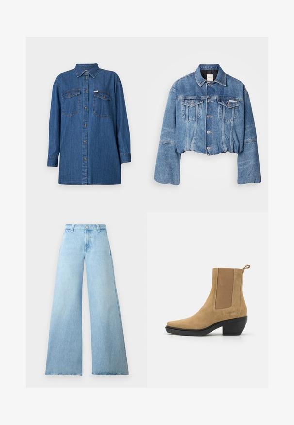Kesytetty farkkutakki keskisinisenä, jossa kaksi etutaskua, hopeiset napit ja klassinen kaulus. Takissa on hieman väljempi istuvuus ja pehmeä pinta.; Denim-paita, pitkät hihat, vaaleansininen, kaksi rintataskua, napitettavat etupuoli, klassinen kaulus, teksturoitu kangas, rento istuvuus.; Vaalean siniset leveälahkeiset farkut, joissa on korkea vyötärö, napin kiinnitys ja viisi taskua. Sujuva tekstuuri ja rento siluetti.; Suede nilkkuri vaaleanruskeana, jossa on elastiset sivupaneelit, terävä kärki ja keskikorkea lohkare korko. Varressa on vetonauha.