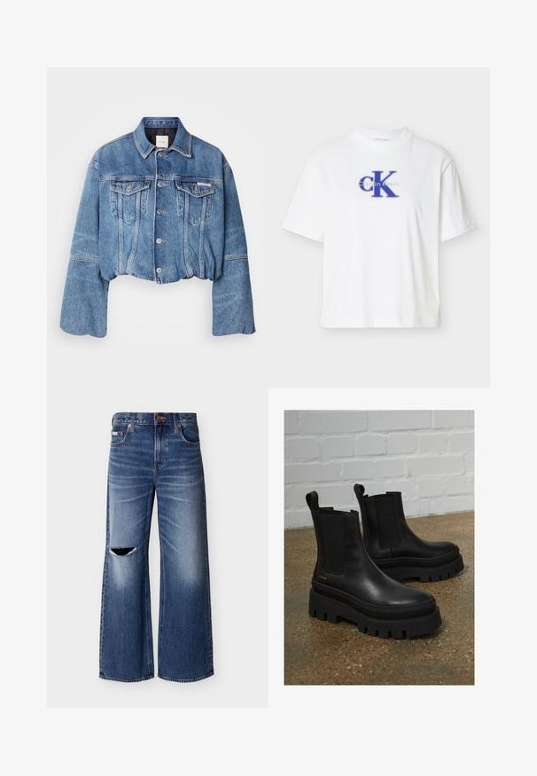 Kort denimjakke i medium blå med to forlommer, sølvfarvede knapper og en klassisk krave. Har en let afslappet pasform og blød tekstur.; Hvid kortærmet T-shirt lavet af bomuld med rund halsudskæring, med en blå "CK"-logo og tekst i kontrasterende blå tryk.; Blå vidbenede denimjeans med en falmet vask og et revnet hul på venstre lår, med forlommer og knaplukning.; Sort læder ankelstøvler med elastiske sidepaneler, tykke sorte platformssåler og syninger, der har en løftesanordning for nem påtagning.
