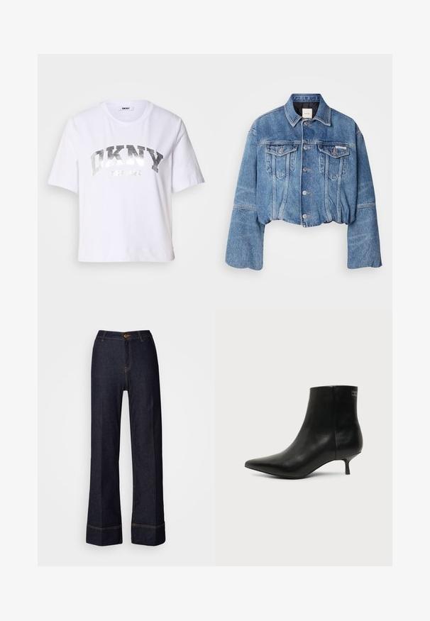 Kort denimjakke i medium blå med to forlommer, sølvfarvede knapper og en klassisk krave. Har en let afslappet pasform og blød tekstur.; Hvid kortærmet T-shirt lavet af bomuld, med et sølvmetalisk print med "DKNY" og "New York" i fede, blokbogstaver.; Mørke denim brede bukser med høj talje, der har en frontknaplukning og orange syninger. Glat tekstur hele vejen igennem.; Sort læder ankelstøvle med spids tå og lav kitten hæl på lys baggrund, der viser yderside.