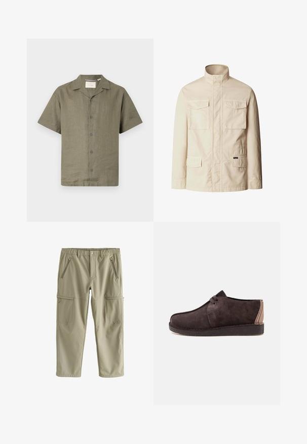 Beige lichtgewicht jack met opstaande kraag, vier klepzakken aan de voorkant en een verborgen ritssluiting aan de voorkant.; Korte mouw shirt in olijfgroen linnen met een camp collar en zes bijpassende knopen aan de voorkant, met een relaxte pasvorm en gestructureerde stof.; Knielange cargobroek in lichtbeige, gemaakt van gladde stof. Voorzien van twee voorste ritssluitingen en twee zijzakken.; Donkerbruine suède casual veterschoen met een platte zool en beige leren detail op de hiel, zijaanzicht.