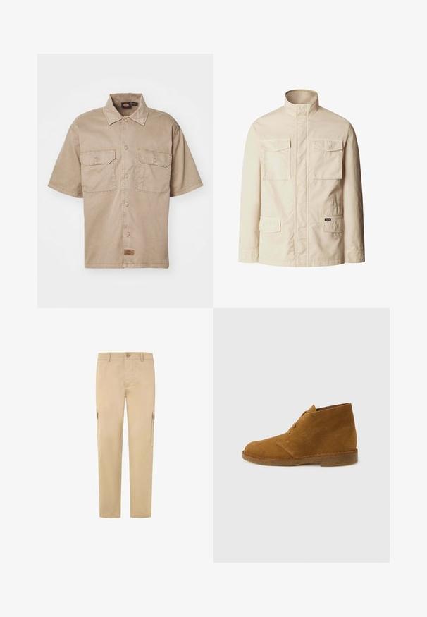 Chaqueta ligera beige con cuello mao, cuatro bolsillos delanteros con solapa y cierre frontal con cremallera oculta.; Camisa de manga corta, color beige, de algodón, con cierre de botones en el frente, dos bolsillos en el pecho y una pequeña etiqueta de marca en la parte inferior.; Pantalones cargo beige de algodón, con pierna recta, dos bolsillos laterales y cierre de botón en la cintura. Textura suave.; Bota desértica marrón de ante hasta el tobillo con dos ojales y suela de crepé sobre fondo liso gris claro.