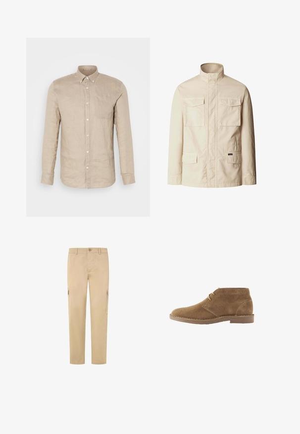 Chaqueta ligera beige con cuello mao, cuatro bolsillos delanteros con solapa y cierre frontal con cremallera oculta.; Camisa de lino beige de botones con mangas largas, bolsillo en el pecho y botones blancos. Textura suave, corte relajado y cuello puntiagudo.; Pantalones cargo beige de algodón, con pierna recta, dos bolsillos laterales y cierre de botón en la cintura. Textura suave.; Zapato casual marrón de ante hasta el tobillo con dos ojales para cordones y suela cosida sobre fondo blanco, vista lateral.