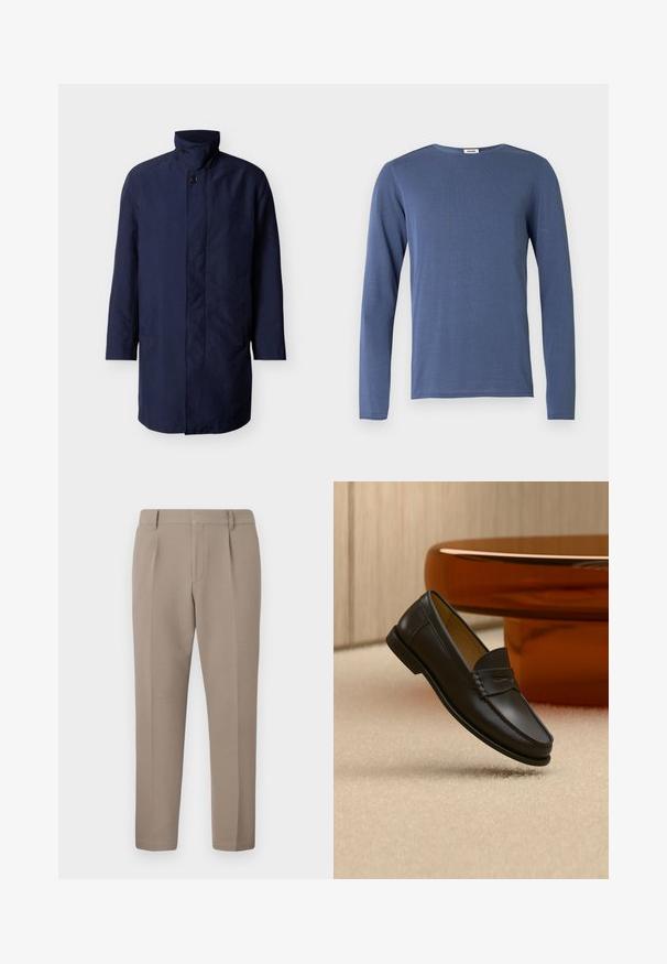 Manteau mi-long pour homme bleu marine avec col montant, fermeture à boutons sur le devant et poches latérales sur fond blanc uni.; Chemise à manches longues et col rond de couleur bleue moyenne. Fabriquée en tissu doux avec une texture subtile. Coupe droite et détails minimalistes.; Pantalon en tissu marron clair avec une texture lisse, présentant un design ajusté, des plis à l'avant et une coupe slim, s'arrêtant aux chevilles.; Chaussure mocassin en cuir noir suspendue au-dessus d’un tapis beige avec du mobilier moderne couleur ambre en arrière-plan.