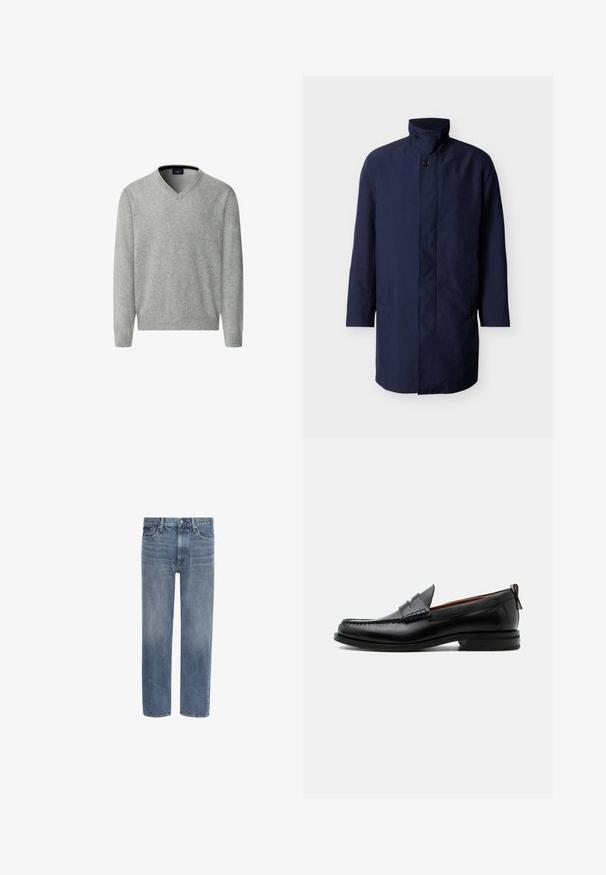 Abrigo azul marino para hombre de longitud media con cuello alto, cierre frontal con botones y bolsillos laterales sobre un fondo blanco liso.; Hackett London Jersey de punto - metal grey; Vaqueros de denim azul con pierna recta, bolsillos delanteros, trabillas para cinturón y cierre de botón.; Mocasín de hombre de piel negra con costura moc toe, tira penny, cuello texturizado y tacón bajo apilado sobre fondo blanco.