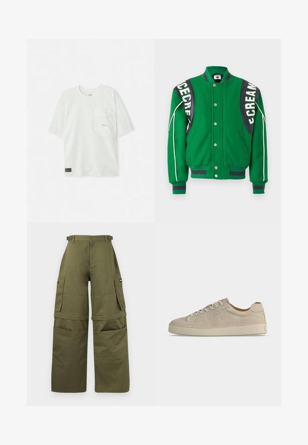 Grüne Collegejacke mit Knopfleiste, schwarzem Leder-Schulterteil und weißen Paspelierungen an den Ärmeln.; Kurzärmliges, hellgrünes T-Shirt aus Baumwolle. Verfügt über eine Brusttasche und ein kleines Logo in der Nähe der Tasche. Weicher Stoff, lässiges Design.; Olivgrüne Cargo-Hose mit abnehmbaren unteren Beinen, seitlichen Klappentaschen, Gürtelschlaufen und vorderer Knopfverschluss.; Beiger Wildleder-Low-Top-Sneaker mit Schnürverschluss und dicker Gummisohle, von der Seite auf weißem Hintergrund gezeigt.