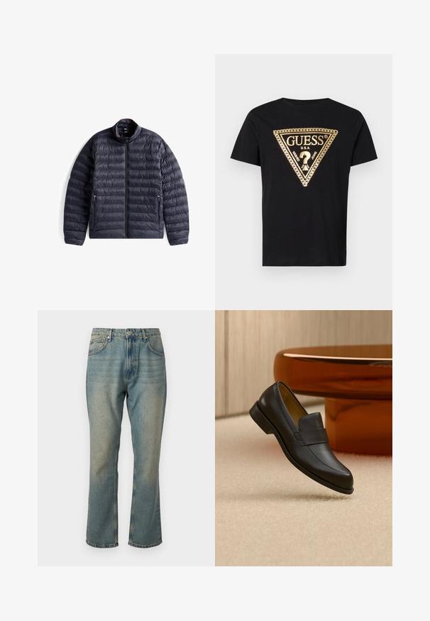 Marineblauwe doorgestikte jas met ritssluiting aan de voorkant, twee zijzakken met rits en een klein rood-wit-blauw logo op de linkerborst, plat neergelegd op een witte achtergrond.; Guess CHAIN - T-shirt print - jet black; Vervaagde blauwe denim jeans met een rechte pijp, vijf zakken en een knoopsluiting. Heeft subtiele details met een lichtere wassing.; Zwarte leren loafer met lage hak zwevend boven een beige tapijt dichtbij een ronde bruine tafel.