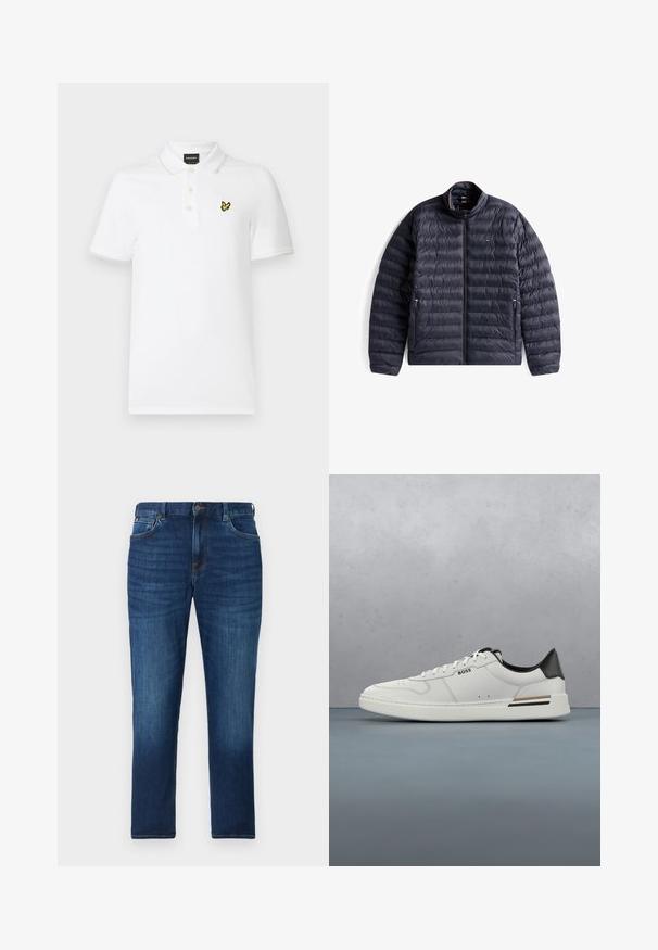 Veste matelassée bleu marine avec fermeture éclair frontale, deux poches latérales zippées et petit logo rouge-blanc-bleu sur le côté gauche de la poitrine, étalée à plat sur fond blanc.; Polo blanc à manches courtes avec col, trois boutons et un petit logo d’oiseau jaune et noir sur la poitrine gauche.; Jean en denim bleu foncé avec légère décoloration, poches avant, passants de ceinture et fermeture par bouton sur un fond uni.; Sneaker basse blanche avec talon noir, fermeture à lacets, perforations subtiles et logo "BOSS" sur le côté, vue depuis le profil extérieur.