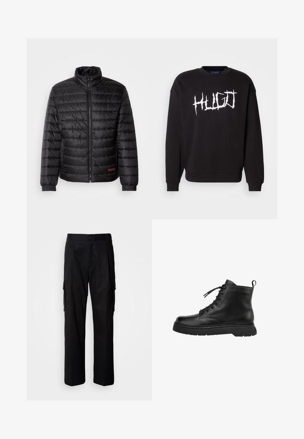 Sort pufferjakke med vandret quiltning, høj krave, frontlynlås og elastiske manchetter. Rød "HUGO"-logo nederst til venstre.; Sort sweatshirt lavet af bomuld, med en rund halsudskæring og lange ærmer. Hvid "HUGO" logo i graffiti stil på forsiden.; Sorte cargobukser med en afslappet pasform, der har sidelommer, knaplukning og glat, letvægtstof.; Sorte læder ankelstøvler med en glat overflade, rund tå og snørelukning. Har en tyk gummisål og en løkke bagpå.