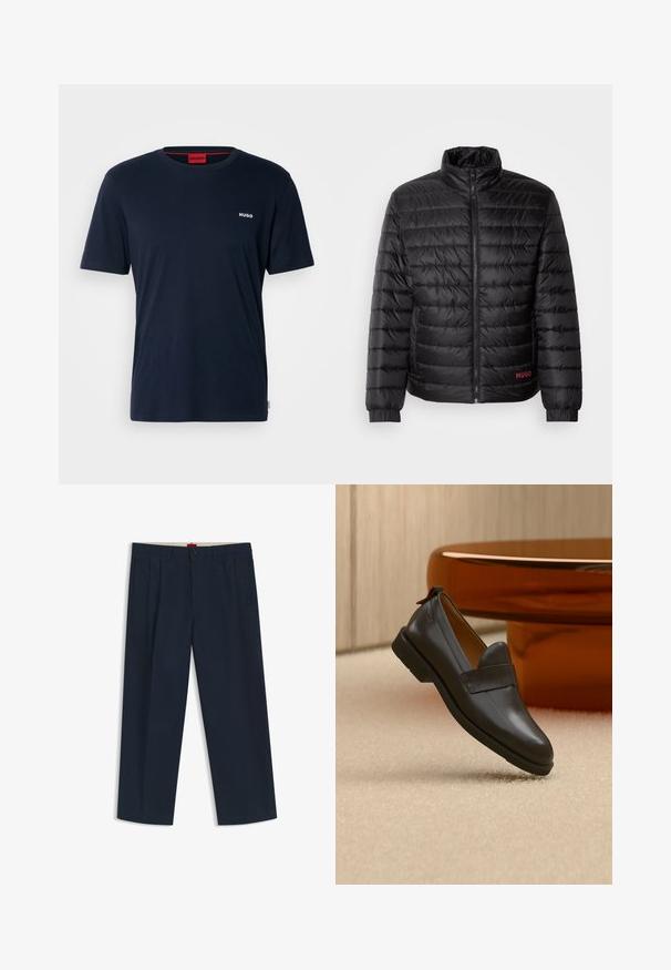 Zwarte pufferjacket met horizontale quiltpatroon, hoge kraag, ritssluiting aan de voorkant en elastische manchetten. Rode "HUGO" logo op de linkeronderkant.; Navyblauwe katoenen t-shirt met korte mouwen, ronde hals en klein wit "HUGO" logo op de linkerborst. Glad textuur, minimalistisch ontwerp.; Donkerblauwe broek met wijde pijpen, riemlussen, knoopsluiting en ritssluiting aan de voorkant, en zijzakken, afgebeeld op een witte achtergrond.; Zwarte leren loafer met lage hak zwevend boven een beige tapijt, naast een glanzende amberkleurige tafel in een minimalistische kamer.