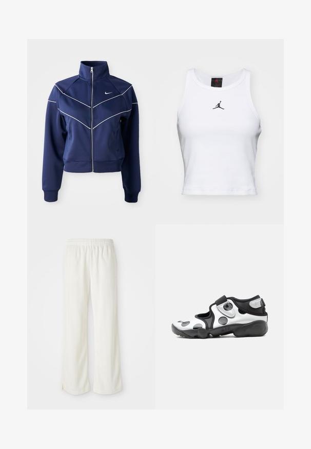 Veste zippée bleu marine en tissu lisse, dotée d'un col montant, de surpiqûres en chevron blanches et de poches latérales. Logo Nike sur la poitrine.; Débardeur court blanc en coton avec une texture côtelée. Présente un logo Jordan noir au centre et une encolure ras du cou classique.; Pantalon de couleur crème avec une coupe large, fabriqué en matériau léger, arborant des rayures verticales et une taille élastique.; Chaussure de sport à enfiler noire et blanche avec de gros pois, bride réglable et semelle épaisse et rembourrée marquée "AIR".