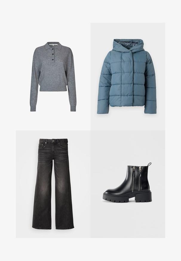 Polstret hættejakke i blødt blå. Har firkantet quiltet mønster, front lukning med trykknapper og lange ærmer. Fremstillet af let, isolerende materiale.; Grå strikket pullover med krave, tre sorte knapper, lange ærmer og cropped kant. Blødt tekstur og enkle design detaljer.; Sorte vidde-ben denimjeans med falmede detaljer, fem-lomme design, knap- og lynlåslukning.; Sorte læder ankelstøver med kraftige såler, sidelukninger og hæl. Glat tekstur med en strop bagpå for nem påtagning.