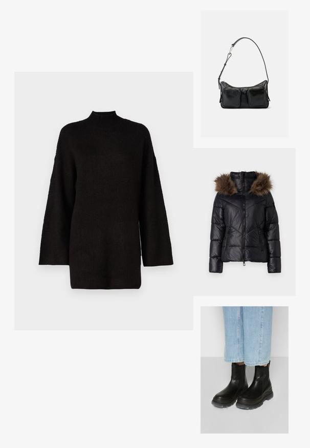 Schwarze Steppjacke mit Reißverschluss vorne, ausgestattet mit einer dunkelbraunen Kunstfellkapuze, seitlichen Reißverschlusstaschen und einem gesteppten Muster.; Schwarzer oversized Strickpullover mit hohem Stehkragen und langen Ärmeln, der mit einem strukturierten Stoff für zusätzlichen visuellen Reiz ausgestattet ist.; Schwarze Leder-Stiefeletten mit elastischen Seiteneinsätzen, einer strukturierten Oberfläche und robusten grauen Gummisohlen. Kombiniert mit hellblauen, cropped Jeans.; Schwarze Leder-Umhängetasche mit verstellbarem Riemen und zwei großen, vorderen Reißverschlusstaschen vor schlichtem, hellem Hintergrund.