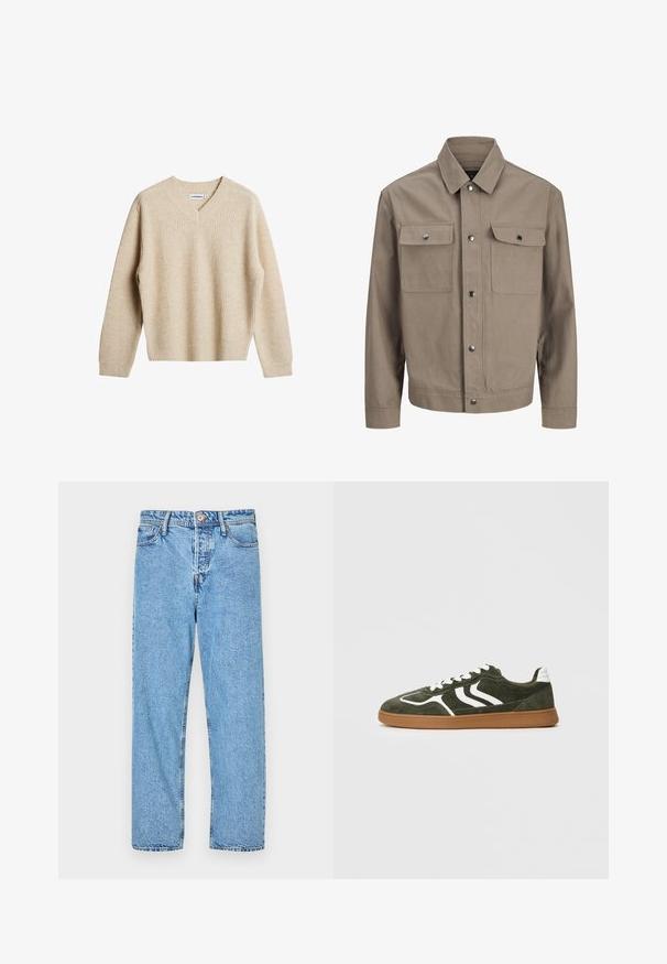 Chaqueta beige con mangas largas, cierre delantero con botones, cuello en punta y dos bolsillos en el pecho con solapas y botones a presión.; Suéter de punto acanalado beige con escote en V y mangas largas. Presenta un ajuste relajado y una tela texturizada para mayor calidez y comodidad.; Jeans de mezclilla azul claro con un diseño de pierna recta, estilo de cinco bolsillos, costuras visibles y cierre de botón y cremallera.; Zapatilla de ante verde con rayas blancas, cordones blancos, un talón acolchado blanco y una suela de goma natural, mostrada de perfil sobre un fondo liso.