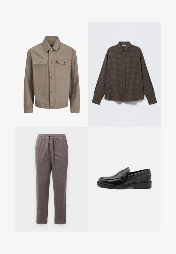 Veste beige à manches longues, fermeture à boutons devant, col en pointe et deux poches poitrine à rabat et boutons-pression.; Chemise à carreaux marron avec boutons, manches longues, dotée d'une poche avant et d'une coupe ample. Fabriquée en tissu doux et texturé.; Pantalons en velours côtelé couleur taupe douce, avec une taille élastique munie d'un cordon de serrage et des jambes fuselées avec une texture côtelée verticale.; Mocassins en cuir noir avec une finition lisse, un bout rond, un petit talon et descoutures décoratives à l'avant. Semelle en caoutchouc pour l'adhérence.