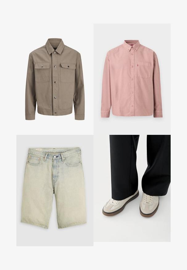 Veste beige à manches longues, fermeture à boutons devant, col en pointe et deux poches poitrine à rabat et boutons-pression.; Chemise rose à manches longues avec boutons, poche avant et col boutonné, présentée sur un fond uni.; Short en denim bleu clair avec fermeture éclair à l'avant, bouton en métal, passants pour ceinture, et design à cinq poches, présenté sur fond uni.; Pieds portant des baskets beige avec des semelles marron et un pantalon noir à jambes larges sur fond blanc.