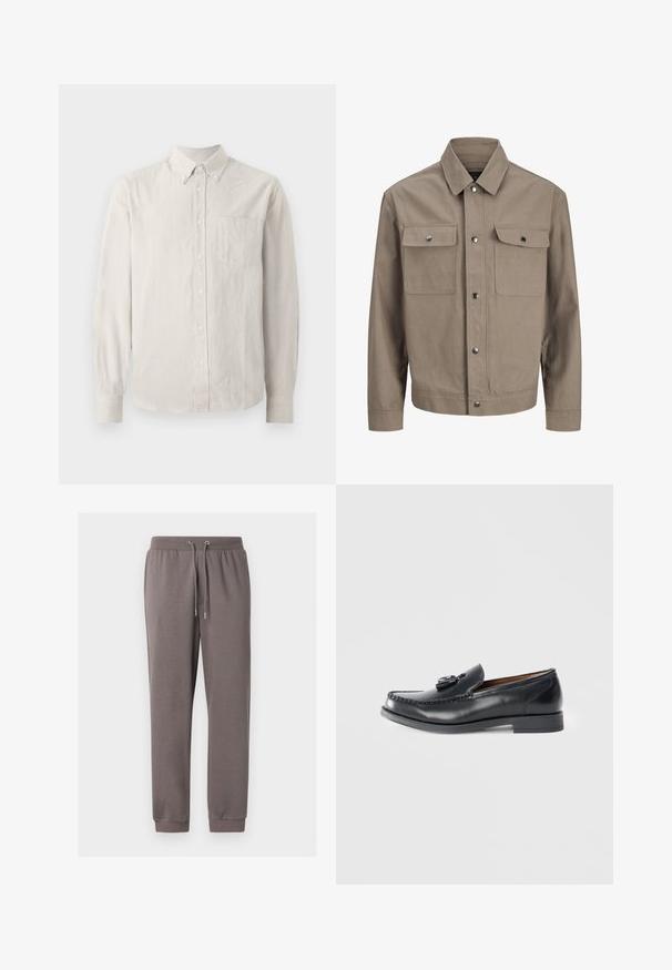 Beige jakke med lange ærmer, frontlukning med knapper, spids krave og to brystlommer med flapper og trykknapper.; Button-up skjorte i lys beige med tynde lodrette striber, lange ærmer, krave og en enkelt brystlomme. Blødt stof med en glat tekstur.; Grå bomulds joggingbukser med elastisk taljebånd, snøre, sidelommer og ribstrikkede manchetter ved anklerne. Glat tekstur og afslappet pasform.; Sorte læderloafers med moccasin-design, dekorativ syning, en forhøjet detalje på forsiden og en lavprofil sål.