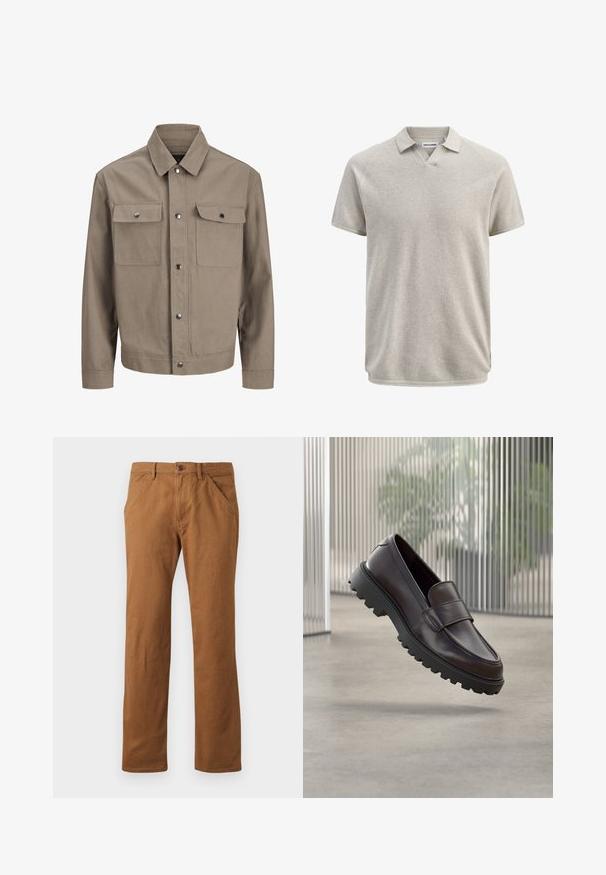 Beige jakke med lange ærmer, frontlukning med knapper, spids krave og to brystlommer med flapper og trykknapper.; Kortærmet beige tekstureret polo med krave og let V-formet halsudskæring, mærket Jack & Jones.; Brune bomuldsbukser med lige pasform, udstyret med knaplukning, sidelommer og en glat tekstur. Velegnet til hverdag.; Brun lædersko uden snørebånd med rundet tå og solid sort gummisål. Har en dekorativ rem hen over vristen.