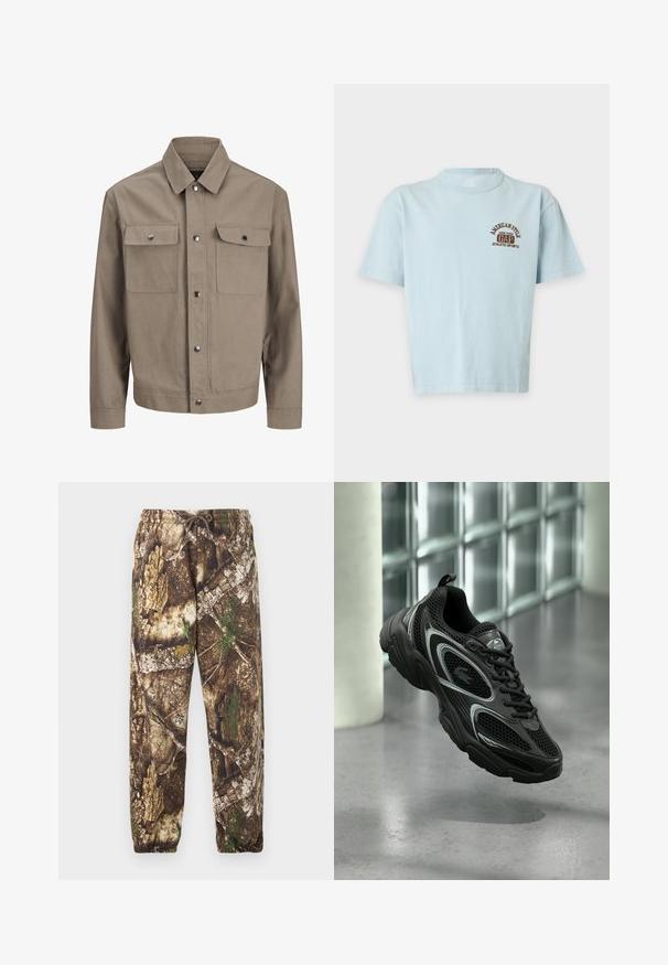 Beige jakke med lange ærmer, frontlukning med knapper, spids krave og to brystlommer med flapper og trykknapper.; Lysblå T-shirt med korte ærmer og brunt "American Style GAP New York Athletic Sports" logo på øverste venstre bryst. Ingen baggrundsobjekter.; Camo sweatpants med et brunt og grønt naturligt mønster, der har en elastisk talje med snore og elastiske manchetter ved anklerne.; Sort atletiksko med mesh og syntetisk materiale, der har en tekstureret sål, slankt design, sølvdetaljer og snørebånd foran.