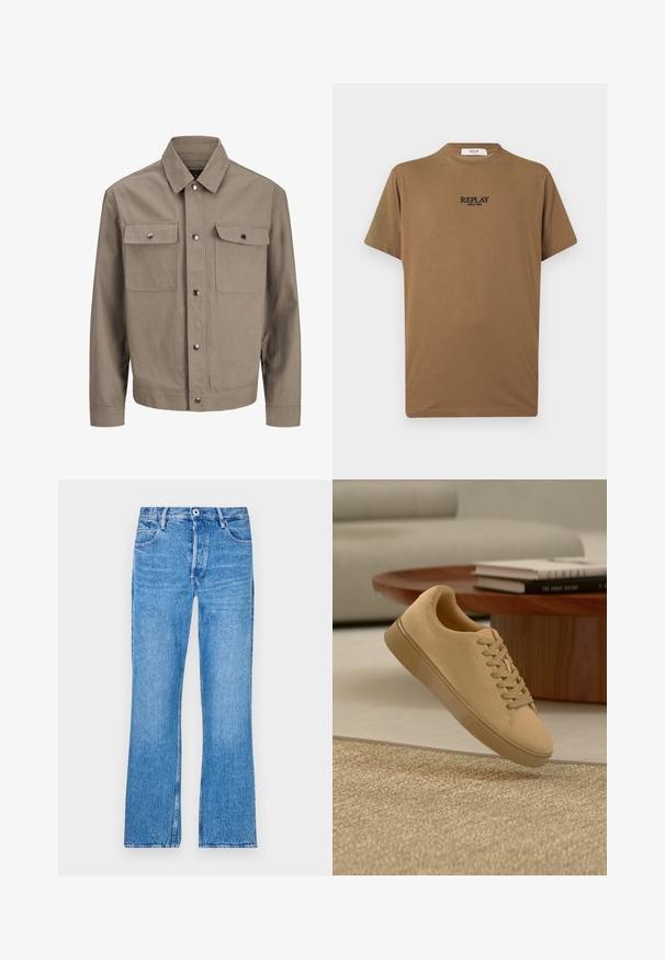 Beige jas met lange mouwen, knoopsluiting aan de voorkant, puntkraag en twee borstzakken met klep en drukknoop.; Bruine T-shirt met korte mouwen en ronde hals met "REPLAY Since 1981" in het zwart op de borst gedrukt, weergegeven op een effen lichte achtergrond.; Blauwe, recht gesneden jeans van denim met een vervaagde wassing. Voorzien van een knoopsluiting, riemlussen en een standaard vijf-pocket ontwerp.; Beige vetersneaker die boven een gestructureerd tapijt zweeft, met een houten salontafel en gestapelde boeken op een wazige achtergrond.