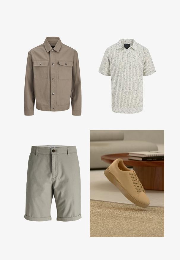 Veste beige à manches longues, fermeture à boutons devant, col en pointe et deux poches poitrine à rabat et boutons-pression.; Polo en maille à manches courtes couleur crème, motif moucheté et texture côtelée, petit col et ouverture en V.; Short pour homme de couleur kaki clair avec fermeture à bouton et à glissière, passants pour ceinture et ourlets retroussés, présenté sur un fond blanc uni.; Baskets beiges à lacets flottant au-dessus d'un tapis texturé avec une table basse en bois et des livres empilés en arrière-plan flou.
