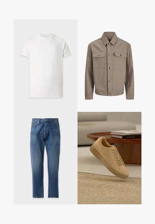 Veste beige à manches longues, fermeture à boutons devant, col en pointe et deux poches poitrine à rabat et boutons-pression.; T-shirt blanc uni à manches courtes avec un col rond et une petite poche poitrine sur le côté gauche.; Jean en denim bleu avec une taille haute, des jambes droites, un bouton devant et un design à cinq poches sur un fond clair uni.; Baskets beiges à lacets flottant au-dessus d'un tapis texturé avec une table basse en bois et des livres empilés en arrière-plan flou.