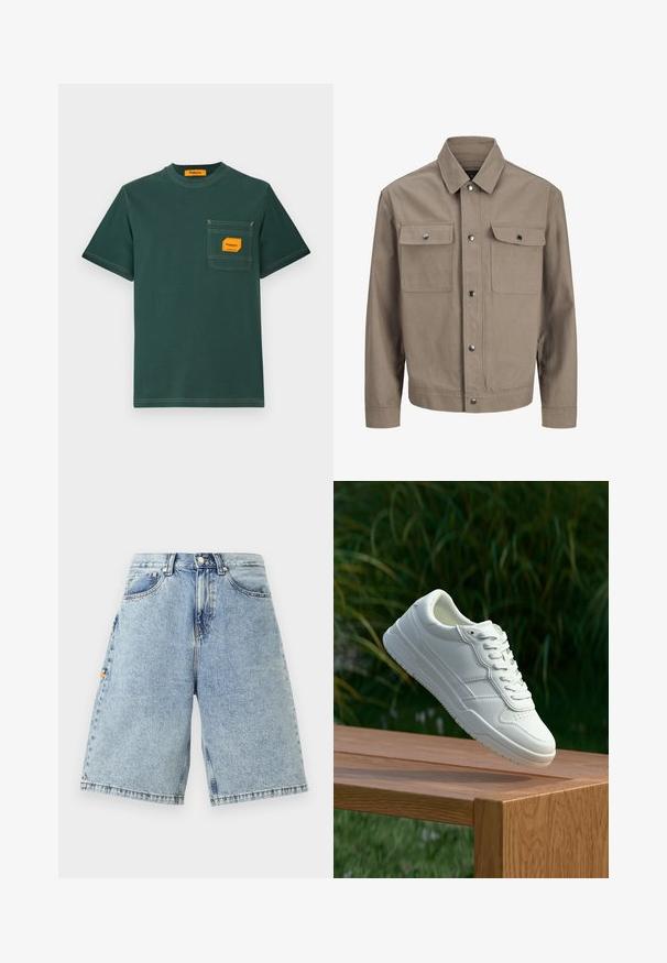 Beige jakke med lange ærmer, frontlukning med knapper, spids krave og to brystlommer med flapper og trykknapper.; Grøn bomuld t-shirt med rund hals, korte ærmer og en forlomma med en orange etiket. Kontrastsyning er synlig.; Blå denim shorts med høj talje, løs pasform, fem lommer og synlige sy-detaljer. Glat tekstur med en lys vaskefinish.; Hvide lædersneakers med en glat overflade, prydet med perforeret design, klassisk snørering og gummisål, placeret over en træoverflade.