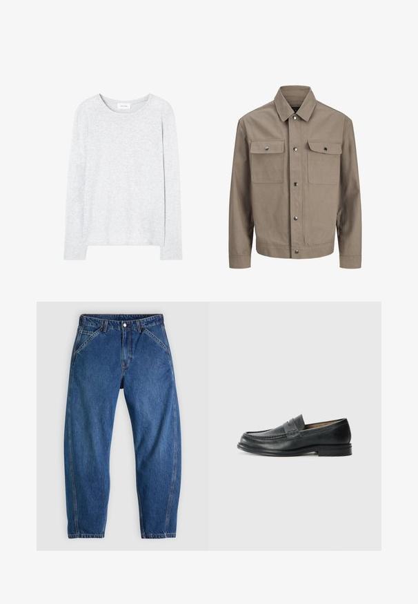 Beige jakke med lange ærmer, frontlukning med knapper, spids krave og to brystlommer med flapper og trykknapper.; Lysegrå langærmet skjorte lavet af blødt stof. Har en rund halsudskæring og en let løs pasform med slidser i siderne ved kanten.; Blå denimjeans med afslappet pasform, med knaplukning, fem lommer og kontrasterende orange syninger. Glat tekstur over det hele.; Sorte læder loafers med et klassisk design, der har en syet detalje ved tåen og en lav, tekstureret gummisål.