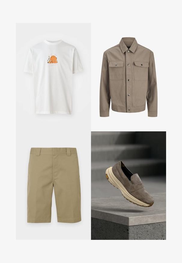 Beige jakke med lange ærmer, frontlukning med knapper, spids krave og to brystlommer med flapper og trykknapper.; Hvid bomulds t-shirt med rund halsudskæring. Forsiden viser en orange tegneseriefigur omgivet af blomster og tekst i pink.; Kaki bomuldsshorts med flad front, bæltestropper og to sidelommer. Stoffet er glat med en mat finish og uden synlige mønstre.; Brun ruskind slip-on sko med tyk cremefarvet sål svæver over en grå betonforkant, slørede trin i baggrunden.