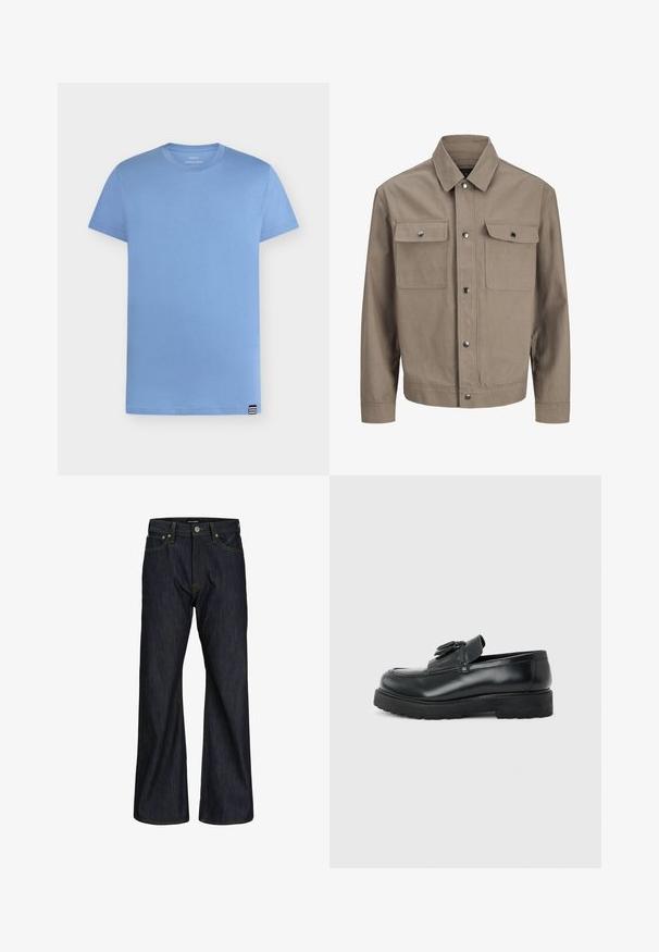 Veste beige à manches longues, fermeture à boutons devant, col en pointe et deux poches poitrine à rabat et boutons-pression.; T-shirt bleu clair à manches courtes et col rond avec une petite étiquette rayée noire et blanche en bas de l'ourlet sur fond blanc.; Jeans bleu foncé à coupe droite avec cinq poches, fermeture par bouton et couture orange visible sur la taille et les coutures.; Mocassin en cuir noir avec pampilles, semelle épaisse en caoutchouc et talon bas, présenté de profil sur un fond uni.