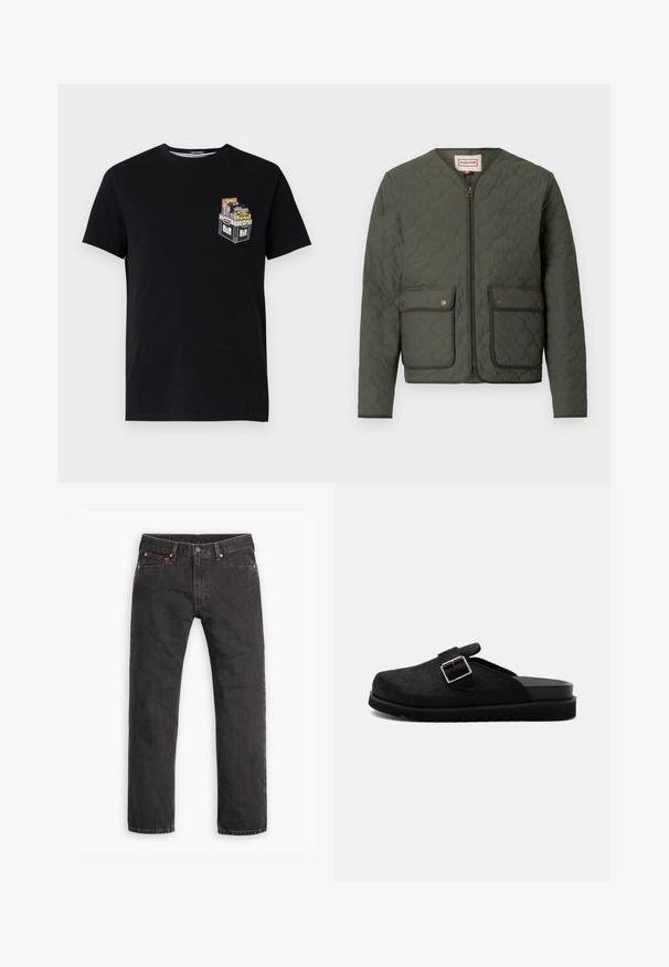 Grüne wattierte Jacke mit rundem Ausschnitt, durchgehendem Reißverschluss, zwei Klappentaschen und subtilen Logodetail. Sie zeichnet sich durch ein strukturiertes, gepolstertes Design aus.; Schwarzes Baumwoll-T-Shirt mit kurzen Ärmeln, das auf der linken Brustseite ein kleines grafisches Motiv einer Kiste mit bunten Gegenständen zeigt.; Schwarze gerade geschnittene Jeans aus Denim mit fünf Taschen, Knopfverschluss und Kupfernieten auf einem weißen Hintergrund flach ausgelegt.; Schwarzer Slip-On-Clog mit strukturierter Oberseite, silbernem Schnallenriemen und dicker geriffelter Sohle, seitlich auf weißem Hintergrund dargestellt.