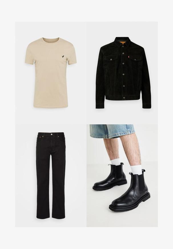 Chaqueta de ante negra con cuello tipo solapa, cuatro bolsillos frontales y costuras en contraste. Presenta cierres de botón y un diseño clásico.; Camiseta de manga corta beige hecha de tela suave, con un cuello redondo y un pequeño logo de un pájaro negro en la parte izquierda del pecho.; Vaqueros negros de pierna recta hechos de algodón. Cuenta con cinco bolsillos, un botón de metal y costuras naranjas en la parte delantera.; Steve Madden HENRIES - Botines - black
