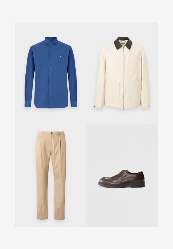 Chaqueta color crema con cuello negro, cremallera frontal y tres grandes bolsillos parche, dos en la parte inferior y uno en el pecho.; Camisa azul de manga larga hecha de algodón, con un cierre frontal de botones, un cuello clásico y un sutil bordado del logo en el pecho.; Pantalones beige de algodón de pierna recta para hombre con bolsillos frontales, pasadores para cinturón, cierre de botón y cremallera, sobre un fondo blanco.; Zapato de vestir de cuero marrón con punta redonda, acentos de costura mínimos y una suela negra resistente. Presenta un cierre con cordones y una textura suave.