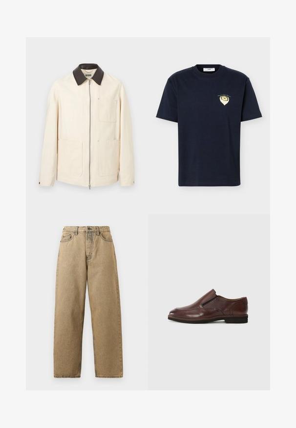 Veste couleur crème avec col noir, fermeture éclair avant et trois grandes poches plaquées, deux en bas et une sur la poitrine.; T-shirt bleu marine à manches courtes avec petit graphique de citron jaune et texte "Marc O Polo Denim" sur la poitrine gauche.; Jeans en denim beige avec une coupe droite, dotés d'une fermeture éclair, de passants de ceinture et de surpiqûres contrastées. Pas de motifs ou détails métalliques notables.; Chaussure marron en cuir à enfiler, avec un bout arrondi, des accents élastiques sur les côtés et une semelle en caoutchouc basse. Présente des détails de couture discrets le long du bord.