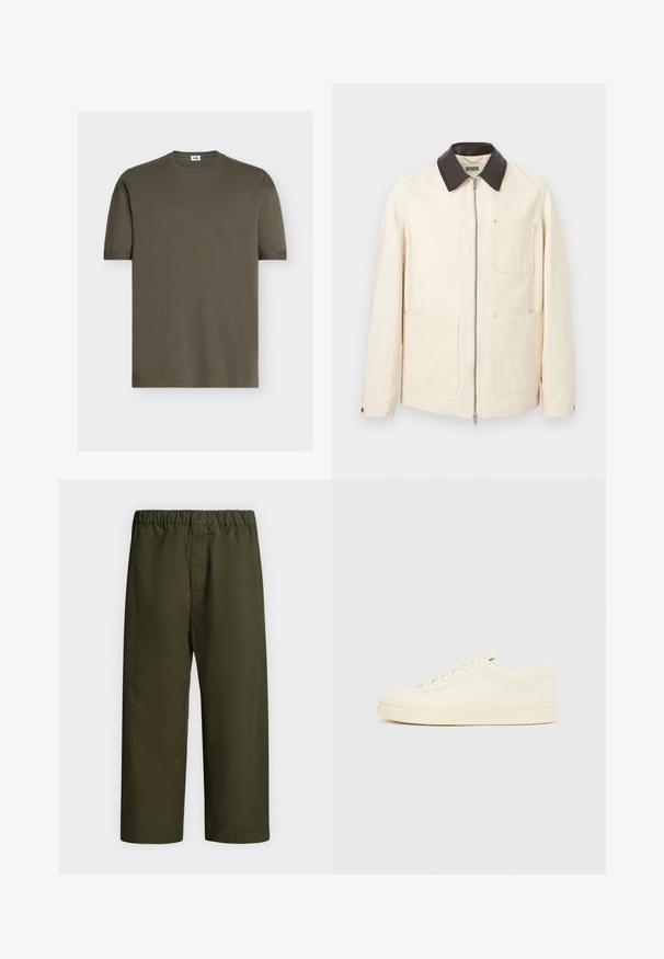 Veste couleur crème avec col noir, fermeture éclair avant et trois grandes poches plaquées, deux en bas et une sur la poitrine.; T-shirt vert olive uni à manches courtes avec col rond et petite étiquette blanche à l'intérieur du col au dos.; Pantalon vert foncé à coupe ample avec taille élastique, jambes droites et sans poches ni ornements visibles, présenté sur un fond uni.; Baskets couleur crème avec une tige en cuir lisse, bout arrondi, laçage à l'avant et semelle en caoutchouc texturée. Design minimaliste, sans logo.