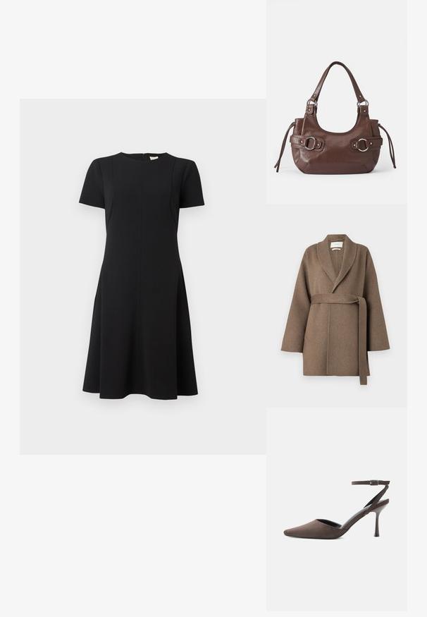 Brun uldfrakke med sjalskrave, bæltemidje og brede ærmer. Har to frontlommer og en blød tekstur.; Calvin Klein FLARE DRESS - Hverdagskjole - black; Brun ruskindspointetrukket højhælet sko med tynd ankelrem og sølvspænde på hvid baggrund.; Brun læderhåndtaske med rund form, sølvhardware, to sideskuldre og en glat tekstur. Har en enkelt toppen håndtag.