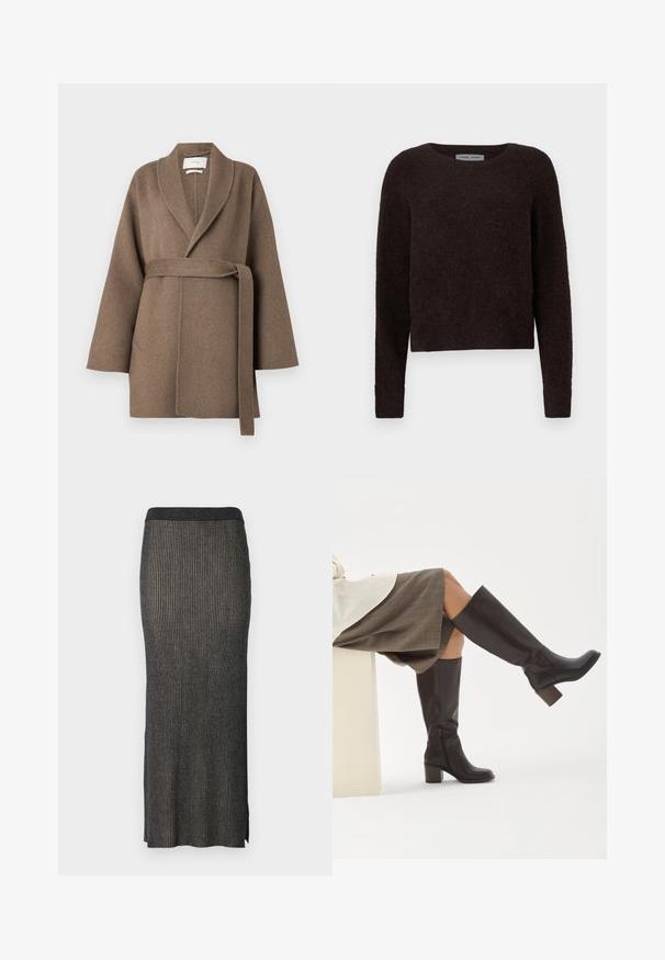Brun uldfrakke med sjalskrave, bæltemidje og brede ærmer. Har to frontlommer og en blød tekstur.; Mørkebrun sweater med rund hals, lange ærmer og et struktureret stof. Korte design med en let løs pasform.; Strikket midi-nederdel i mørkegrå med lodret ribbing, en tætsiddende silhuet og slidser i kanten for nem bevægelse. Blødt, tekstureret stof.; Person iført brune knæhøje læderstøvler med blokhæle, kombineret med et gråt ternet knælængde skørt, siddende med benene krydset.