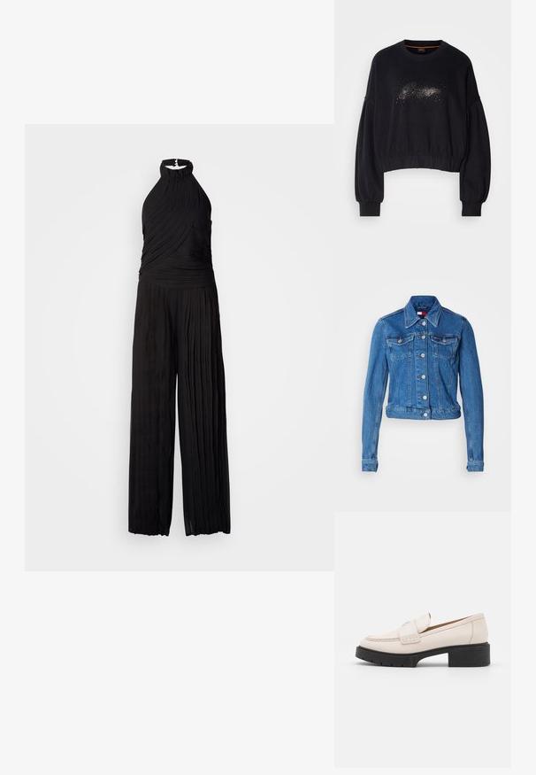 Spijkerjack in lichtblauw. Voorzien van een kraag, knoopsluiting aan de voorkant en twee borstzakken. Korte pasvorm met lange mouwen en een gladde textuur.; Zwarte jumpsuit met halternek, geplooide textuur en wijde pijpen. Gemaakt van lichtgewicht materiaal, ideaal voor formele gelegenheden.; Zwarte cropped sweatshirt met een ribgebreide halslijn, pofmouwen en een decoratieve sprankelende graphic op de voorkant. Zachte stof met een elastische onderrand.; Lichtbeige leren loafers met een gestikte voorkant en een textuur met een zwarte plateauhak. Beschikt over een gebogen ontwerp en een lichte verhoging.