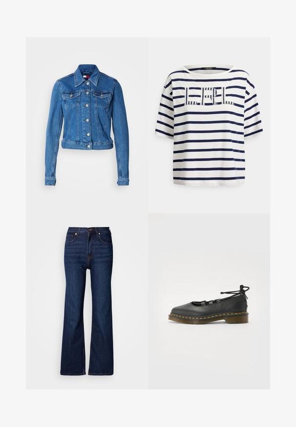 Spijkerjack in lichtblauw. Voorzien van een kraag, knoopsluiting aan de voorkant en twee borstzakken. Korte pasvorm met lange mouwen en een gladde textuur.; Katoenen T-shirt met marineblauwe en witte horizontale strepen, ronde hals en korte mouwen. Heeft een gestructureerd 'RL' logo op de voorkant.; Uitlopende donkerblauwe spijkerbroeken met vijf zakken, een knoopsluiting en contrasterende stikseldetails. Gladde textuur met een stevige uitstraling.; Zwarte leren schoen met een ronde neus, lage hak, vetersluiting en gele stiksels langs de zool. Soepele textuur met een matte afwerking.